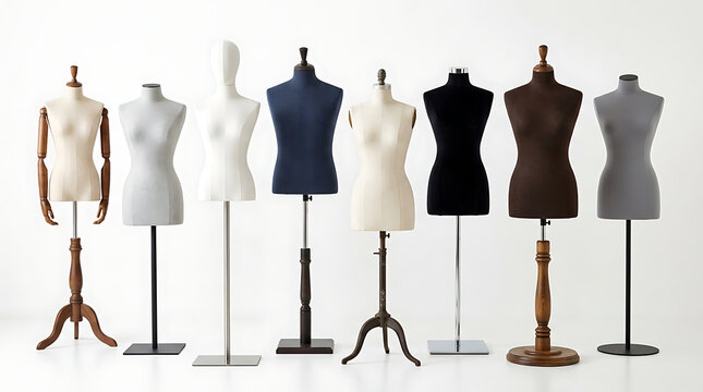 Variety of mannequin torsos showcasing diverse clothing styles and colors for fashion display and retail presentations