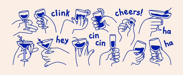 Obraz premium Drinks in hands, cocktail and wine in glasses. Toasts and cheers with alcohol drinks in wine glasses. Hands holding champagne, cocktail, martini beverages, doodle drawing. Isolated vector illustration
