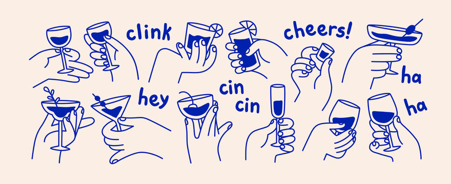 Drinks in hands, cocktail and wine in glasses. Toasts and cheers with alcohol drinks in wine glasses. Hands holding champagne, cocktail, martini beverages, doodle drawing. Isolated vector illustration