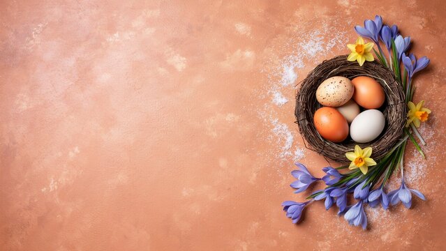 Easter eggs in a small natural bird nest surrounded by purple crocus flowers and yellow daffodils on a rustic brown textured background surface