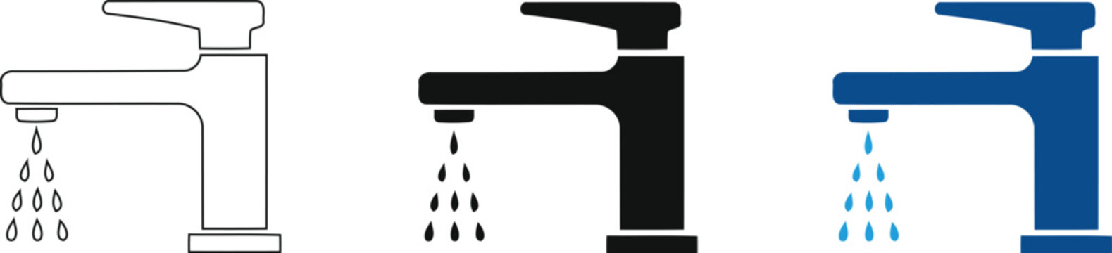 Water Tap Faucet Icon Set, Running Water Drops Plumbing Line and Glyph Vector, Bathroom Kitchen Fixture Graphic Symbol on transparent background