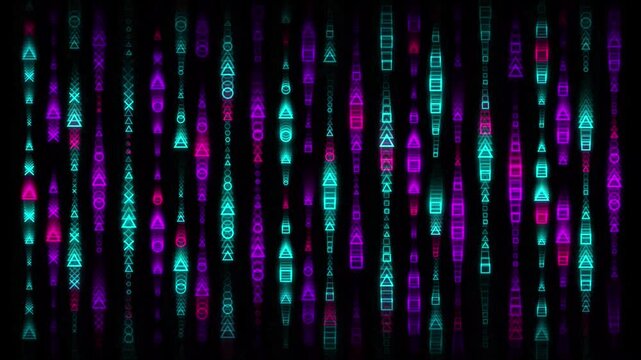 Neon Geometric Symbols Cascading Downwards in a Digital Matrix Background Animation