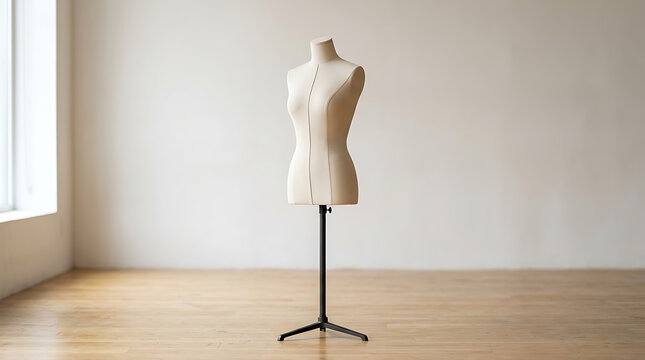 Empty mannequin torso on adjustable stand in minimal studio space with wooden floor and soft natural lighting for display or