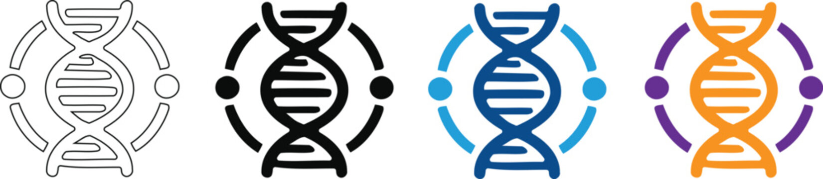 DNA double helix icons set, medical biology research symbols vector, genetic code and biotechnology signs, colorful outline science graphic on transparent background