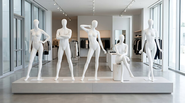 Display of modern mannequins showcasing fashion designs in a contemporary retail store environment with large windows and