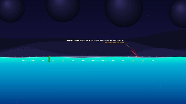 Educational animation detailing a morning glory spillway illustrating water intake, gravity plunge, hydraulic transition, energy dissipation, and flip bucket jet deflector mechanics
