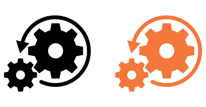 Gear rotation processing icon with industrial cogs and recycling arrows for workflow concept.