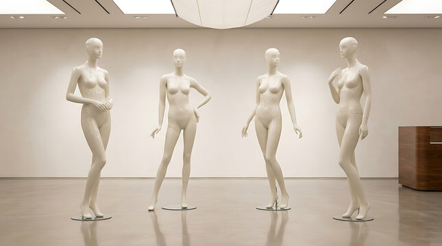 Contemporary mannequin display in a minimalist gallery setting emphasizing fashion and design aesthetics with four elegant forms