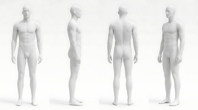 Minimalist 3D male human model showcasing front, side, and back views in a clean white setting for design or medical