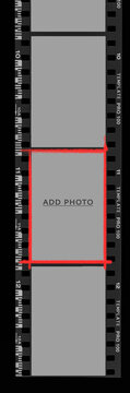 Photographic film black and white border with add photo and text.