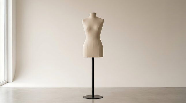 Minimalist mannequin display in a bright, empty room emphasizing simplicity and modern interior design principles