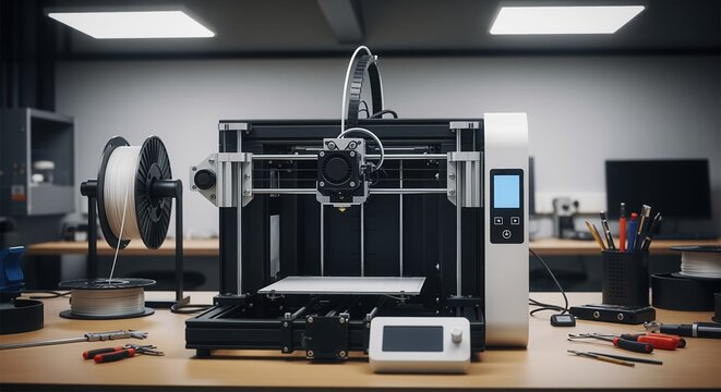 A 3D printer on a wooden workbench in a bright studio, surrounded by tools and filament spools. The black and white machine with digital display is ready for prototyping and manufacturing.