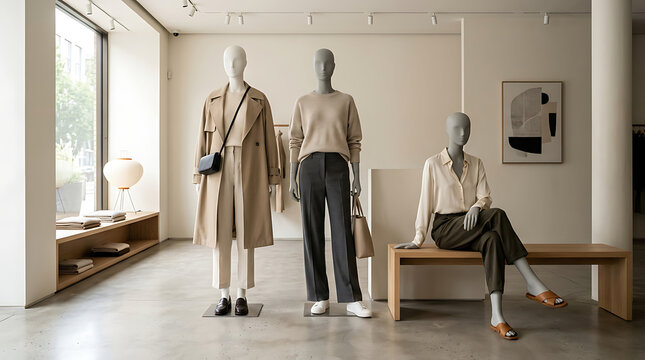 Contemporary minimalist mannequin display in a chic boutique with neutral tones and stylish clothing options showcased elegantly