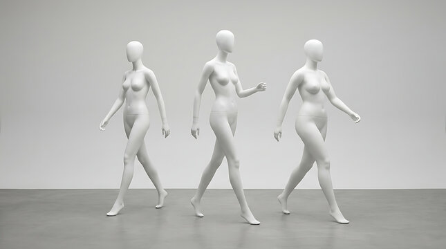Modern minimalist display featuring three featureless white mannequins gracefully walking in a sleek gallery or retail space