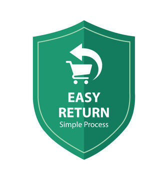 Green shield badge with shopping cart and return arrow symbol for easy return Icon Vector Illustration