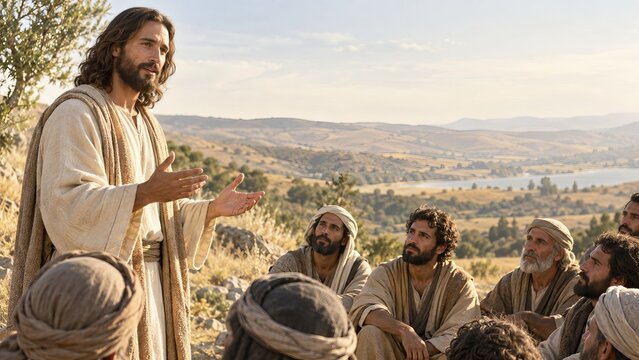 Jesus preaching to disciples on a hillside above a lake. Sermon on the Mount in the Gospel of Matthew. Christian faith and biblical teaching. New Testament scripture illustration.