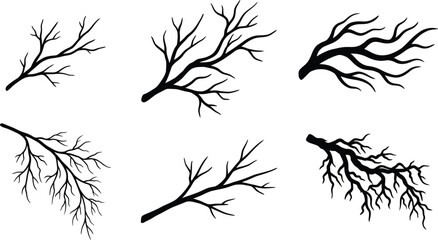 Obraz premium Black Tree Branches Silhouette Vector Set, Bare Winter Twigs and River Delta Vein Elements, Bare Tree Branch Isolated Icons
