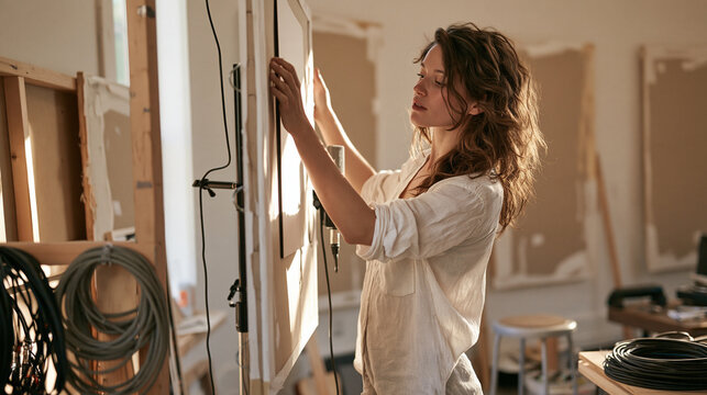 Real commercial photograph, bright high-key well-exposed realistic photography with open shadows and lively balanced color, a 34-year-old adult audio creator positions a portable
