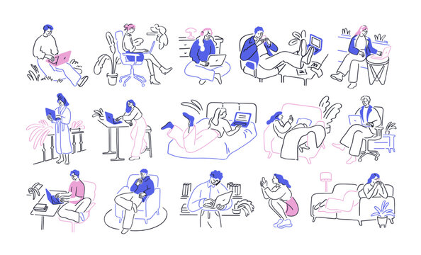 People work and study with laptop computers. Business people, students working or studying online with modern digital technology. Men, women using laptops. Flat vector illustrations isolated on white