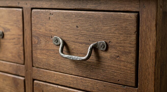 Antique forged metal handle on rustic wooden drawer. Close up of vintage cabinet hardware and weathered wood texture