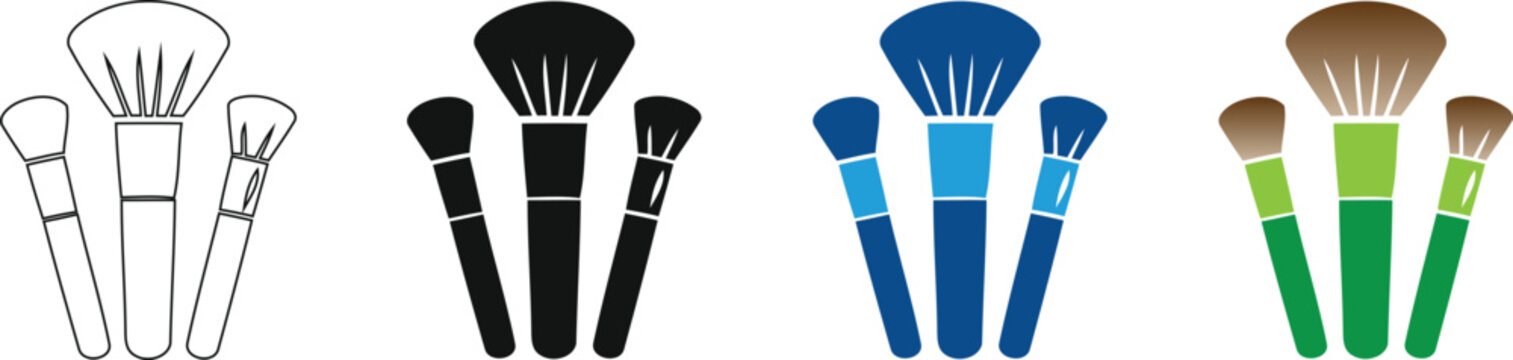 Makeup brush icon set vector, cosmetic applicator symbol collection, beauty salon accessories graphic, outline glyph colored design on transparent background