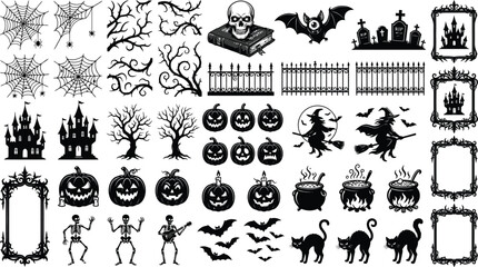 Fototapeta premium Vintage Halloween Silhouette Elements Vector Set, Spooky Black Pumpkin Icons, Gothic Witch Castle Bat Cauldron Clipart Collection