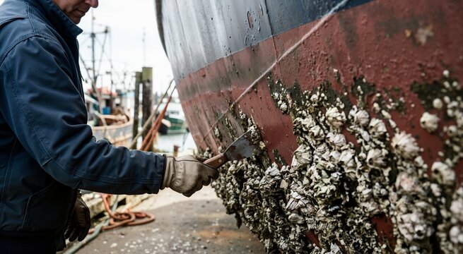 Worker scraping barnacles from ship hull in shipyard dry dock. Boat maintenance and marine hull cleaning service