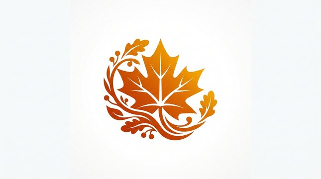 Autumn maple leaf illustration featuring orange and yellow gradients with decorative swirls.