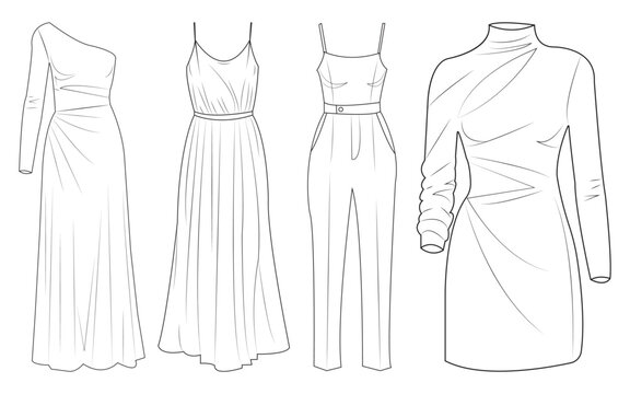 Fashion design sketches of elegant women dresses and jumpsuits for clothing collection line art illustration