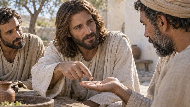 Jesus teaching disciples about a small seed at an outdoor table. Parable of the mustard seed. Gospel teaching and Christian faith. Biblical storytelling, discipleship and scripture.