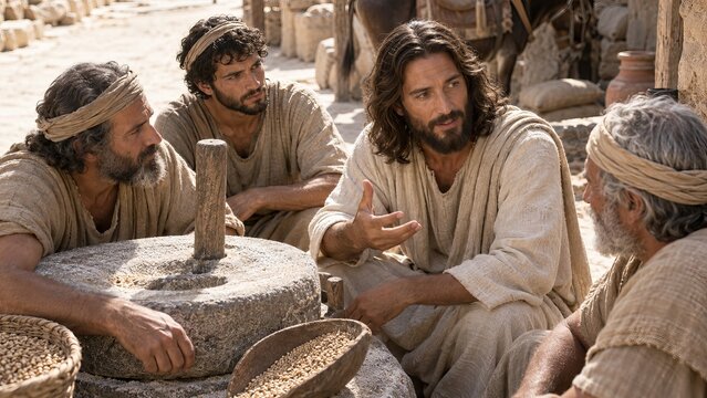 Jesus teaching men beside a stone grain mill in a biblical village. Gospel scene of preaching and discipleship. Christian faith and scripture. Biblical storytelling and religious