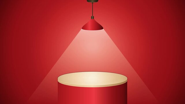3D Render of a Red Minimalist Stage with Cylinder Podium and Hanging Lamp for Product Presentation