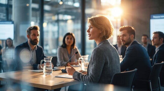 Female speaker addressing colleagues during a sunlit executive roundtable, during an authentic industry gathering, with a clear event context
