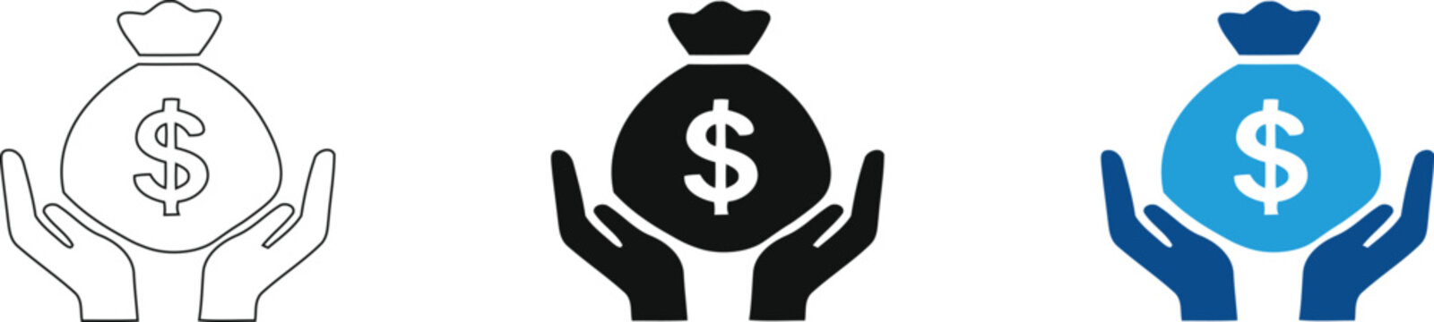 Money bag in hands icon set, financial support and investment vector symbols, money protection line glyph and color icon collection on transparent background