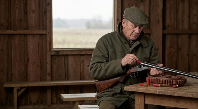 Senior hunter loading ammunition into a double barrel shotgun. Traditional bird hunting preparation in a rustic wooden cabin