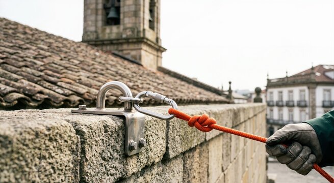 Rope access anchor point with carabiner and knotted rope on stone wall. Industrial abseiling safety equipment on historic building