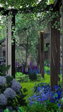 パーゴラのある緑豊かな庭と雨の風景