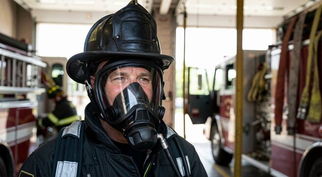 Close-up of male firefighter wearing SCBA oxygen mask and helmet. Fireman in protective breathing apparatus at station