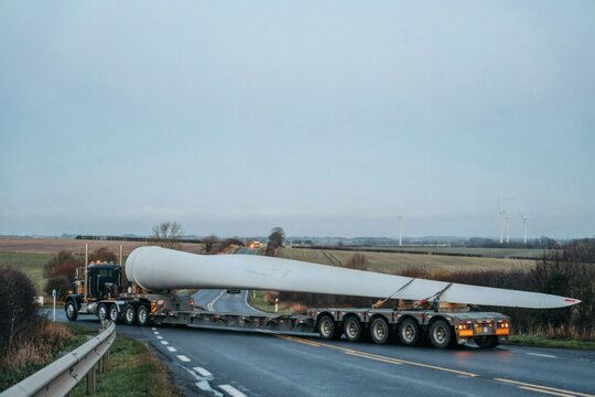 Wind turbine blade in transport on a long trailer