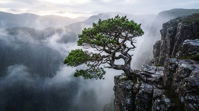 A solitary pine tree grows precariously from a rocky cliff face above a misty, dramatic mountain canyon.