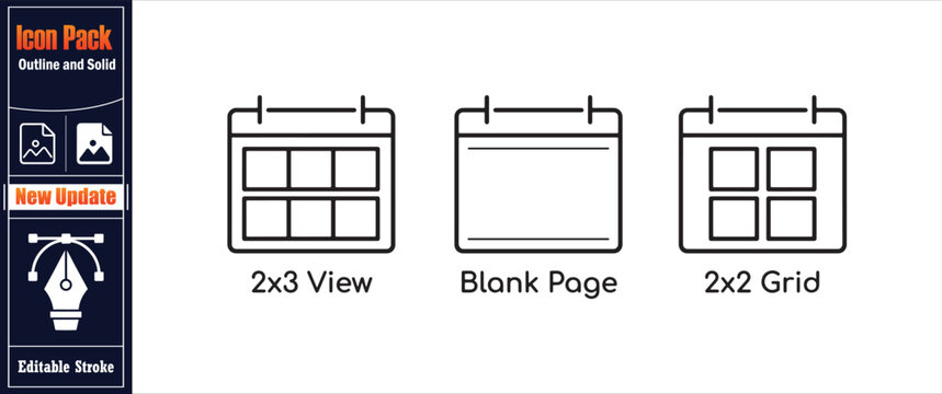 Outline icons representing calendar views: 2x3 view, blank page, and 2x2 grid layouts for scheduling and organizational needs.