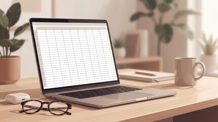 Fototapeta premium Modern laptop with blank financial spreadsheet beside reading glasses and wireless earbuds, personal finance background for online banking, fintech marketing, investment platforms and digital payment
