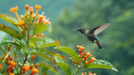 Obraz premium Costa Rica wildlife. Talamanca hummingbird, Eugenes spectabilis, flying next to beautiful orange flower with green forest in the background, Savegre mountains, Costa Rica. Bird fly in nature