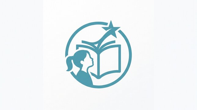 Simple blue education logo featuring silhouette of girl reading book with star for school.