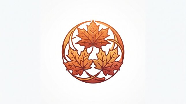 Symmetrical trio of orange maple leaves encased in circular wooden frame for organic branding.