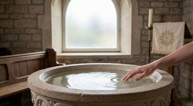 Hand touching water in stone baptismal font creating circular ripples. Christian sacrament and spirituality concept in church interior