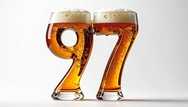 Beer Glass Shaped as Number 97 with Foam and Bubbles on White Background for Birthday and Anniversary Celebration