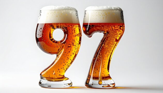 Beer Glass Shaped as Number 97 with Foam and Bubbles on White Background for Birthday and Anniversary Celebration