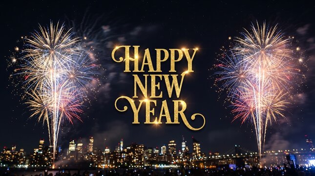 Vibrant fireworks illuminate the dark night sky above a sparkling city skyline centered around a elegant golden Happy New Year greeting.