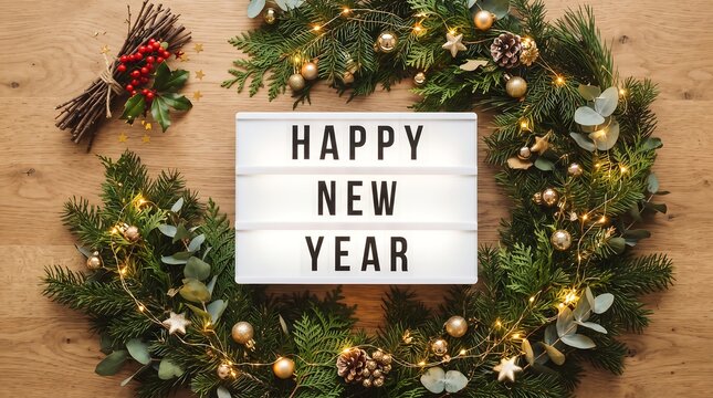Happy New Year lightbox sign framed by festive evergreen branches, glowing fairy lights, and ornaments on wooden background.